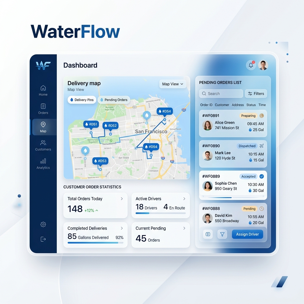 Panel de control WaterFlow — gestión de pedidos y rutas de entrega de agua en tiempo real